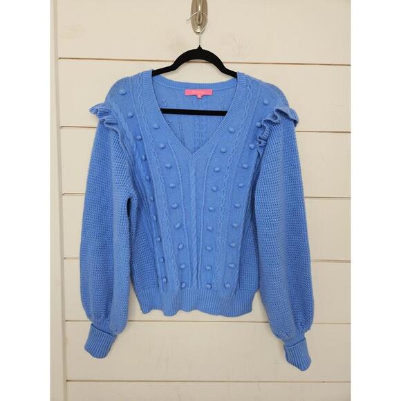 Lilly Pulitzer Sweaters - Lily Pulitzer XL Blue Greta V-Neck Pom Pom Cable Knit Sweater with Ruffle Detail